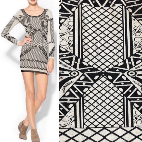 Free People Size Medium/Large  Long Sleeve Body Con Dress Black and Creem - Picture 3 of 11